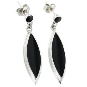 Black Onyx Embellished Sterling Silver Eye Shaped Dangle Push Back Earrings